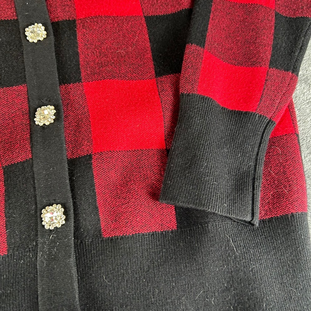 Tommy Bahama Womens Red Black Buffalo Plaid Rhinestone Button Cardigan Sweater M - Picture 8 of 8
